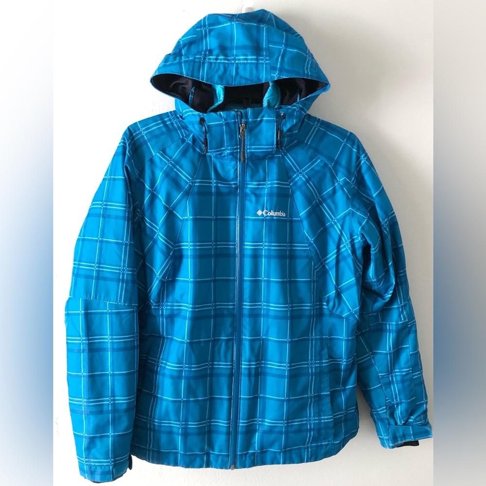 🔥Columbia Sportswear Interchange 3 In One Turquoise Plaid Hooded Puffer Jacket
